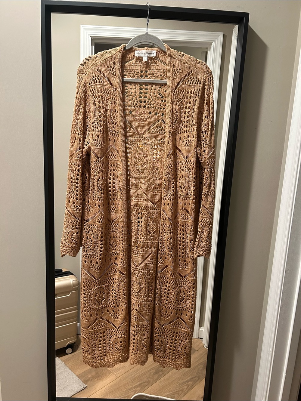 Chelsea & Theodore Tan Open-Front Crochet Cardigan XL Boho Scalloped Hem